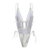 Sexy Backless One Piece Swimsuit Woman 2026 String Texture Swimwear Hollow Out Monokini High Cut Bathing Suit Deep V Neck Bather