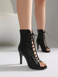 Plus Size Women Peep Toe Cutout Lace Up Ankle Boots with Side Zipper Stiletto High Heels Summer Hollow Out Short Booties