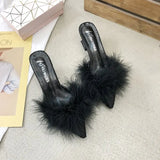 Women's Half Slippers New Summer Sexy Pointed Temperament High-heeled Slippers Female Fashion Furry High Heels Solid Slides
