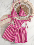 3PCS With Shorts Stripe Halter Fishnet Bikini Women Swimwear Female Swimsuit Three-pieces Bikini Set Bathing Suit Swim Beachwear