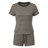 Women's Summer Striped Short Outfits Casual Stylish Short Sleeve Tee Tops and Shorts 2 Pcs Sets Daily Casual Sporty Loungewear