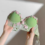 MOYISU Victorian Underwear Set - Delicate Cream Bralette with Floral Stitch, Retro Sweetheart Neckline for Petite Bust Elegance