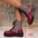 Retro Red Bling Shiny Boots for Women Lace Up Plus Size Ankle Boots Woman Spring Autumn Round Toe Thick Bottom Botas Mujer