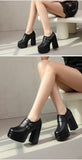 Plus Size Double Row Small Buckle Side Zipper Square Toe Double Layer Platform High Thick Heel Women's Pumps Shallow High Heels