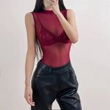 Solid Color Spring Stand-up Collar Sleeveless Tank Top For Women Light Mature Style Sexy Slim-fit See-through Mesh Bodysuit WHBH