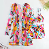 New Sexy 3 Pieces Suit for Women Neck Hanging Bikini Set+Cover-up Swimwear Sunproof Tankini High Waist Shorts Swimsuit Beachwear
