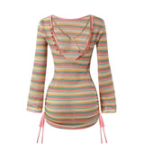 S - XL Striped Long Sleeve Cover Up Bikini Female Swimsuit Women Swimwear Bather Bathing Suit Swim Three-pieces Bikini set K8128