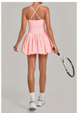 Fake Two Piece Tennis Dress Women Back Criss Cross Slim Bulit-in Shorts Golf Athletic Dresses Gym Pleated Fluffy Yoga Mini Dress