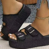 Women Denim Belt Buckle Wedge Heels Slippers Summer2026 Non Slip Thick Sole Beach Slippers Woman Fashion Buckle Platform Sandles