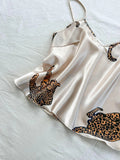 Women Sleepwear Summer Ice Silk Stain Comfortable 2pcs Pajamas Set V Neck Leopard Print Tops and Long Pants Loungewear
