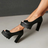 Ladies Vintage Flock Black Peep Toe Pumps Classic Summer Chunky High Heels Women Slip On Party OL Single Shoes Big size 36-46