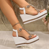Rhinestone Flowers Wedges Sandals Women 2026 Luxury Crystals Chunky Platform Sandles Woman Clear Pvc Super High Heel Party Shoes