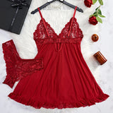 Transparent Red Lingerie Women's Underwear Sleepwear Lace Nightdress And Panty Pijamas Sets Female Nighty