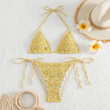 Sexy Tie Halter Floral Wrinkled Print Micro Bikinis Set High Waist Thong Swimwear Biquini Conjunto De Bikini Tankini Beachwear