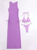 3 Pieces Thong Bikini 2026 Women With Dress String Swimwear Female Solid Swimsuit Beach Wear Bathing Swimming Suit Summer