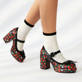 Big Size 43 High Quality Women's y2k Block High Heels Sweet Strawberry Print Mary Jane Pumps Black Pink Platform Lolita Shoes
