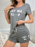 Summer Two-piecesPajamas Set Gray Letter Printed Casual Top and Shorts Set Home Wear Women's Sleepwear Loungewear