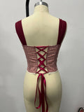 Retro French Jacquard Red Plaid Camisole 2026 Women Sexy Lace Trim Spliced Off Shoulder Chest Wrapped Fishbone Chest Party Tops