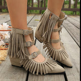 Women's Vintage Fringe Summer Ankle Boots Bohemian Buckle Straps Pointed Toe Ethnic Tassel Hollow Out Western Cowgirls Shoes