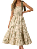 Women's Summer Floral Print Dresses Stylish Ruffled Trim Smocked Sleeveless Tie-Shoulder A-Line Dress