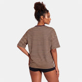 Summer Women's Loose T-shirt Casual Stylish Striped Crew Neck Short Sleeve Drop Shoulder Tee Tops