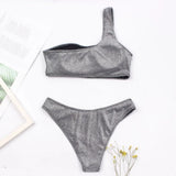 Fashion Single Shoulder Women Bikinis Set Female Shinning High Waist Swimsuit Swimwear Woman Solid Glitter Beach Bathing Suit