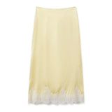 Women Solid Color Satin Long Skirs Elegant Low Waist Lace Patchwork Flowy Summer Skirt for Casual