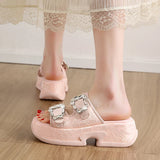 Luxury Rhinestone Thick Bottom Sandals Women 2026 New Silk Satin Embroidery High Heel Sandals Woman Summer Thick Heeled Slippers