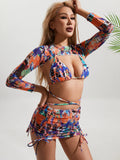 Long Sleeve Printed Halter Bikini Female Swimsuit Women Swimwear Four-pieces Bikini Set with Mesh Skirt Bathing Suit Beach Wear