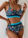 Vintage Blue Floral Print Bikini Women Hollow Out Push Up Drawstring Side High Waist Swimsuit 2026 Beach Bathing Suit Swimwear