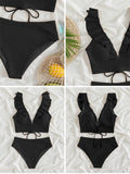 Solid Color Sexy V-neck Ruffle Bikini 2026 Women 2 Piece Swimwear Push Up Padded High Waist Swimsuit Summer Beach Bathing Suit