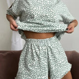 Women's Fashion Models Leopard Print Sexy Hottie Round Neck Short Sleeve Shorts Suit Pyjamas Homewear
