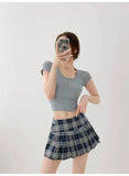 American Style Retro Low Waisted JK Plaid Pleated Skirt Women 2026 Summer New Spicy Girl Wrap Hip Slim A-line Ultra Skirt YOQG
