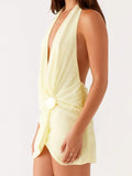 Women Casual Shell Deep V-Neck Wrap Halter Neck Party Beach Club Dress Summer Solid Color Sleeveless Backless Mini Dresses