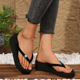 Women's Flower Decor Med Heel Flip Flops Simple Style Black Wedge Clip Toe Slides Woman Summer Outdoor Med Heel Slippers Mujer