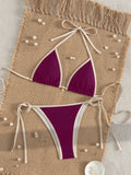 2026 Trendy String Bikini Set Triangle Top Side Tie Bottoms with Metallic Pendant  Solid Color Contrast Trim Women Swimwear