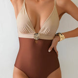 Contrast Color 2026 New Women's One Piece Suit Swimwear Sexy Strappy Backless Swimsuit Rhinestone Push Up High Waist Beachwear