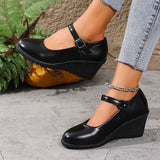 2026 New Ankle Buckle Wedges Heel Pumps Women Black Pu Leather High Heels Mary Jane Shoes Woman Plus Size 42 Office Pumps Ladies