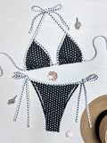 2026 Trendy String Bikini Set Triangle Top Side Tie Bottoms with Metallic Pendant  Solid Color Contrast Trim Women Swimwear