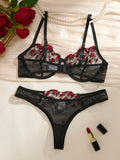BlackRed Embroidered Floral Lingerie Set - Sexy Bra And G-string Combo with Heart Decoration Underwear Set for Women ZA824028
