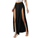 Women's Elastic High Waist Skirts Solid Color Side High Split Loose Fit  Long Skirts Beachwear
