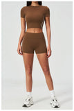 Color Contrast Yoga Suit Women Short Sleeve O Neck Sports T Shirts Tracksuit Outwear High Waist Shorts Gym Running Fitness Suits