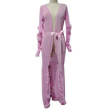 See-through Women Bath Party Dress Mesh Fluffy Sleeve Pleated Lace-up Bow Waist Wedding Night Honeymoon Bathrobe Nightdress