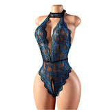 Summer Women Red Crotchless Lingerie Halter Lace Hollow Backless Bodysuit Erotic Costumes Transparent Deep V Sexy Underwear Sets