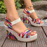 Bohemian Floral Printed Wedge Heel Sandals Women Summer Slip On Chunky Platform Sandles Woman Elastic Strap High Heels Sandals