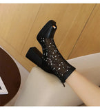 White Polka Dot Mesh Peep Toe Chunky Block Heel Platform Back Zipper Ankle Sandal Boots for Women