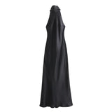 Elegant Solid Color Satin Halter Lace Up Long Dress Sexy Off Shoulder Backless Sleeveless Bodycon Dresses New Lady Party Robe
