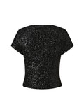 Women's Summer Solid Color Basic T Shirts Stylish Sequin Short Sleeve Round Neck Crop Tops for Casual Daily Wear