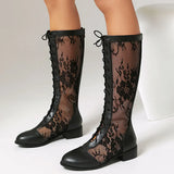 2026 Plus Size 48 Black Flower Mesh Lace Knee High Boots Women Breathable Square Heels Red White Summer Boots Shoes Zipper