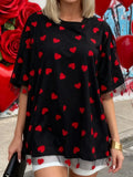 Summer T-Shirt Women Casual Loose Fit Stylish Love Heart Print Crew Neck Short Sleeve Tops